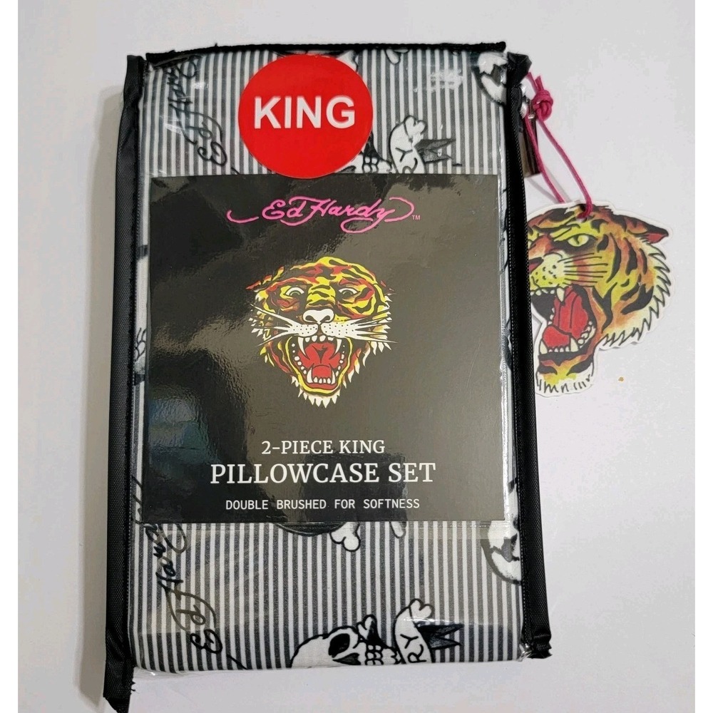 Ed Hardy 2 Pc King Size Pillowcase Set Tattoos Tiger Skull Black White Striped